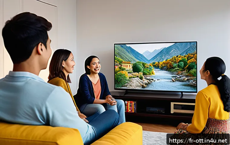 OTT 콘텐츠의 문화적 다변화 - A vibrant, multicultural living room scene with a diverse group of friends from various ethnic backg...