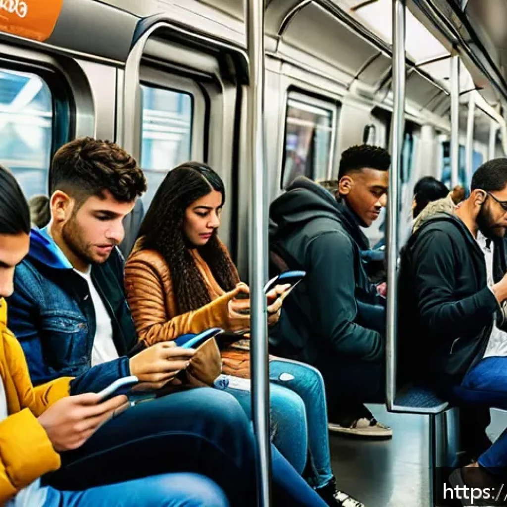 OTT 라틴 아메리카 시장 분석 - A bustling Latin American urban scene showing diverse young adults using smartphones and tablets whi...