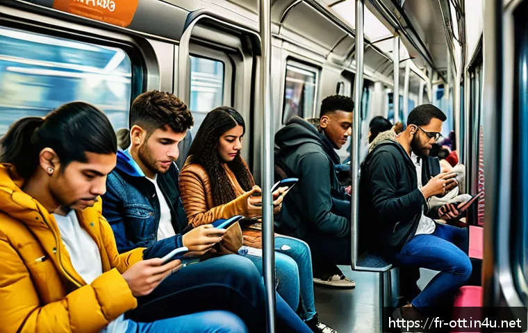 OTT 라틴 아메리카 시장 분석 - A bustling Latin American urban scene showing diverse young adults using smartphones and tablets whi...