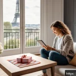 OTT 선물 구독 방법 - A cozy living room scene in a modern French apartment, featuring a young adult woman happily unwrapp...