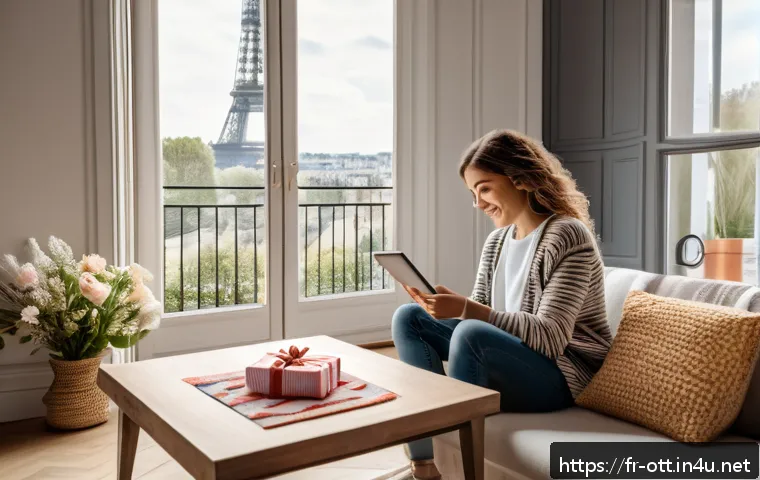 OTT 선물 구독 방법 - A cozy living room scene in a modern French apartment, featuring a young adult woman happily unwrapp...