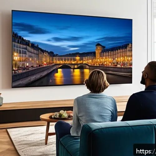 OTT 플랫폼별 지원 언어 - A modern living room scene showing a diverse family of four comfortably watching a streaming platfor...