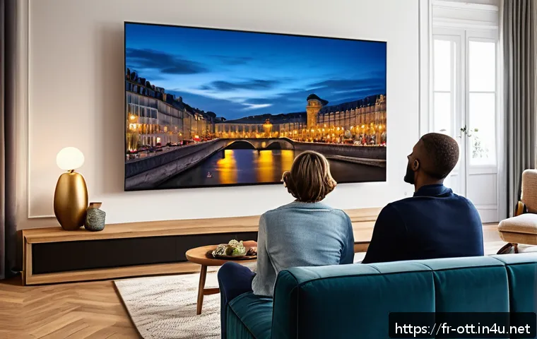 OTT 플랫폼별 지원 언어 - A modern living room scene showing a diverse family of four comfortably watching a streaming platfor...