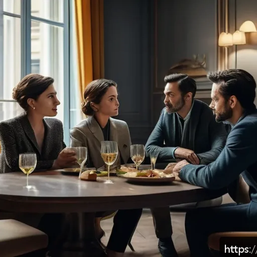 웨이브 드라마 추천 - A dramatic family scene inside a modern Parisian apartment: a diverse group of complex characters in...
