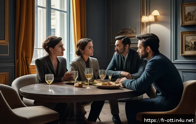 웨이브 드라마 추천 - A dramatic family scene inside a modern Parisian apartment: a diverse group of complex characters in...