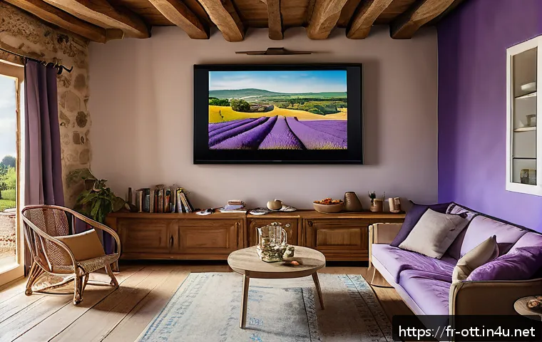 OTT 플랫폼 대체재 - A cozy French countryside living room scene showcasing a diverse group of content creators and viewe...