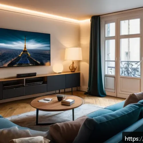 OTT 기술 발전의 가능성 - A cozy modern living room in a Parisian apartment, featuring a diverse group of French adults and te...
