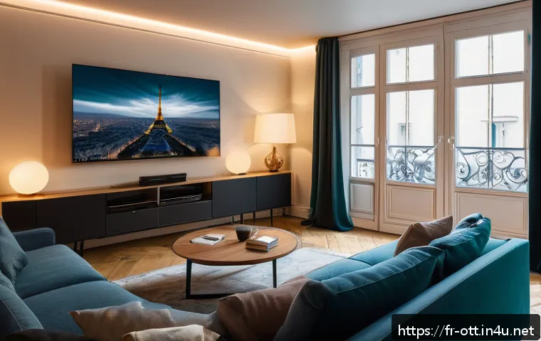 OTT 기술 발전의 가능성 - A cozy modern living room in a Parisian apartment, featuring a diverse group of French adults and te...