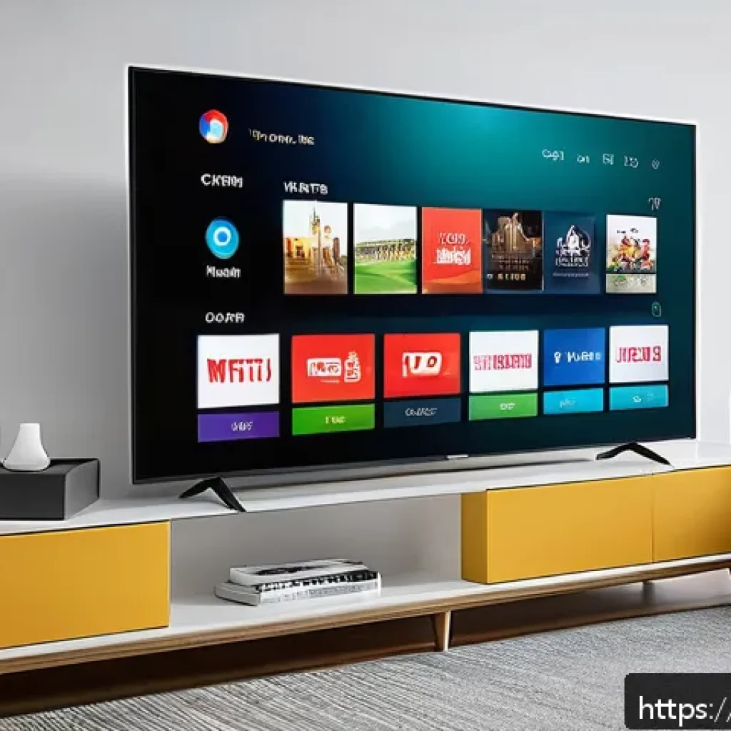 OTT 플랫폼 사용자 인터페이스 - A modern smart TV interface displaying a simplified and well-organized menu with clear, colorful ico...