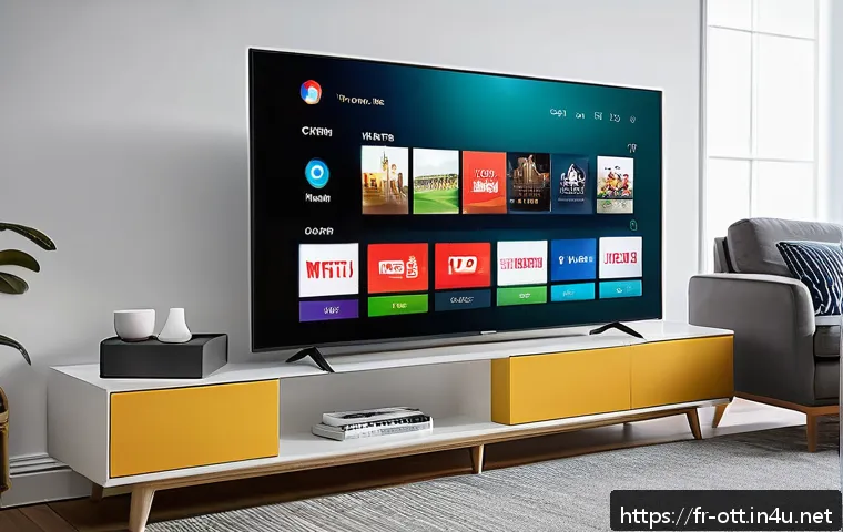OTT 플랫폼 사용자 인터페이스 - A modern smart TV interface displaying a simplified and well-organized menu with clear, colorful ico...