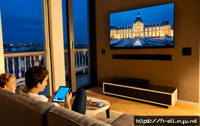 Home 17 OTT의 성장 요인 - Photorealistic modern Paris apartment living room at dusk, a multigenerational French family comfort...