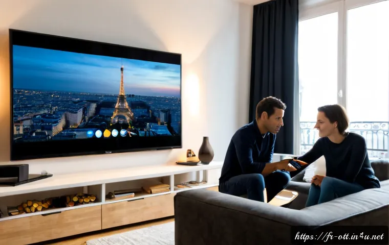 OTT 2025 전망 - Photorealistic modern Paris apartment living room in 2025, French couple comparing entertainment str...