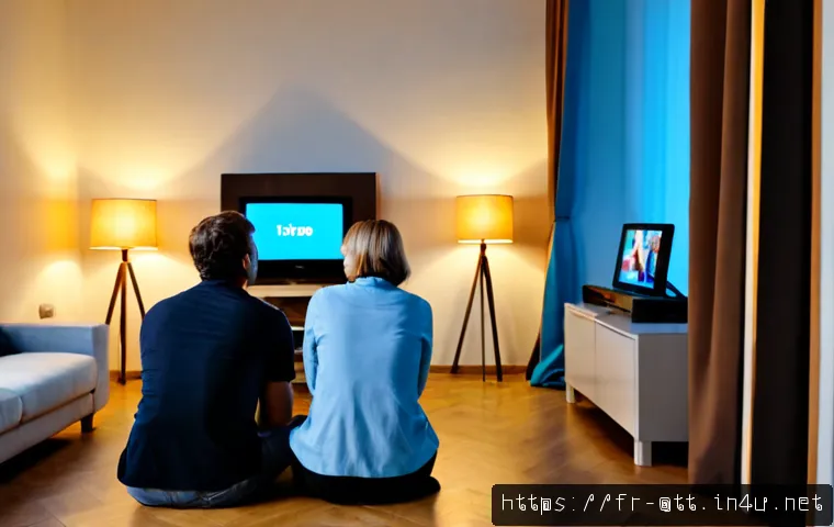 OTT와 TV의 공존 - Photorealistic modern French living room at early evening, a middle-aged couple comfortably watching...
