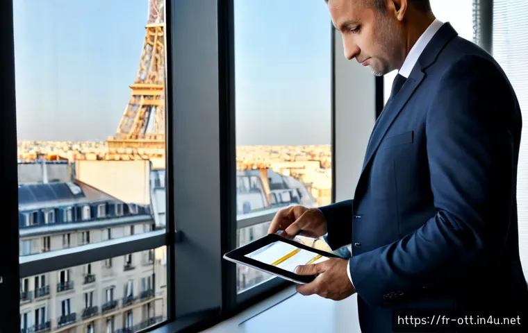 OTT의 법적 문제 - Photorealistic editorial scene in a modern French legal office, a middle-aged French lawyer in smart...