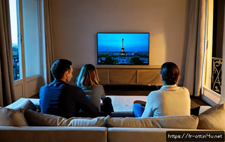 Home 17 OTT 콘텐츠 유통 채널 - Photorealistic modern Paris apartment living room, a French family watching a streaming film on a la...