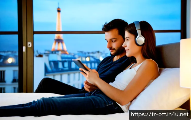 Home 30 OTT와 해외 여행 중 시청 방법 - Photorealistic travel lifestyle scene in a quiet Paris hotel room, French couple in casual clothing ...