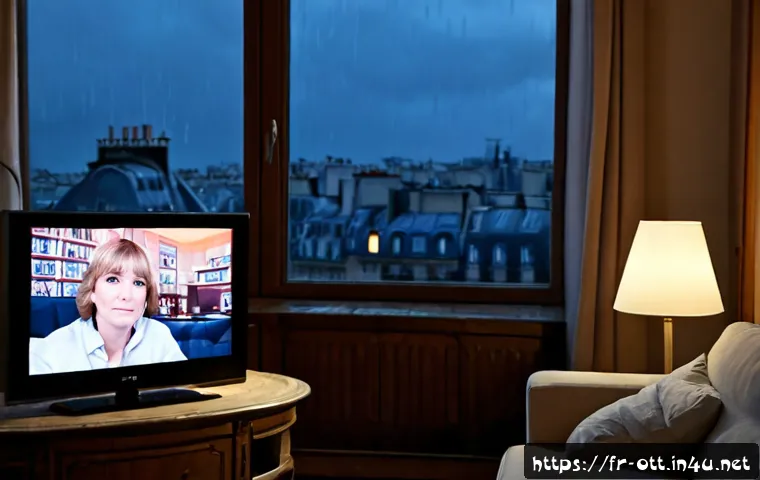 Home 17 OTT 플랫폼 지역 차단 - Photorealistic Paris apartment living room at dusk, a French adult viewer seated on a sofa holding a...